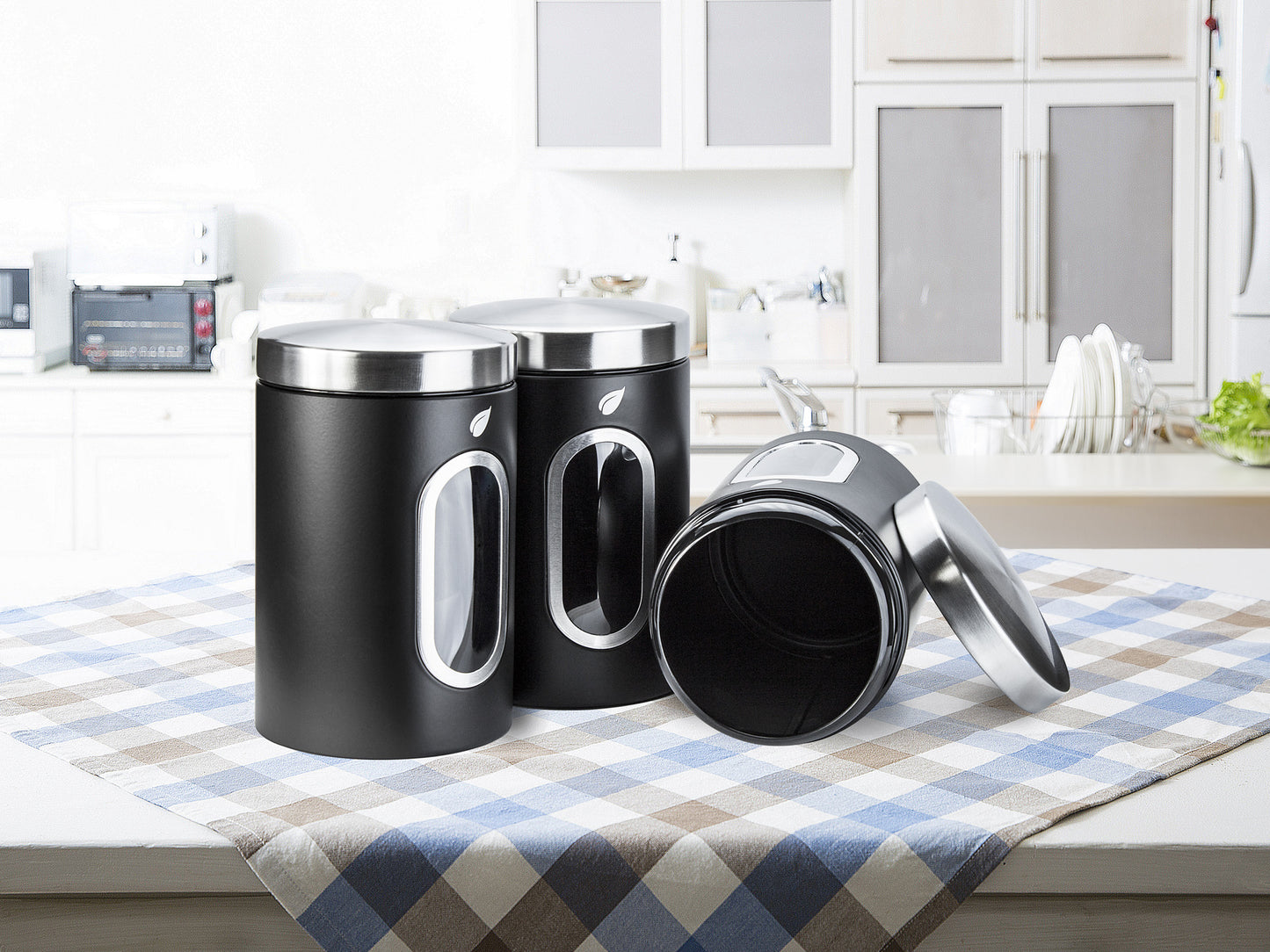 Saf-Care Kitchen Canisters - Modern Kitchen Decoration of Canister Set with Multiple Preservation Purposes by Tight Sealed Lids, Set of 3, Matte Black, Model-SC-001-MB