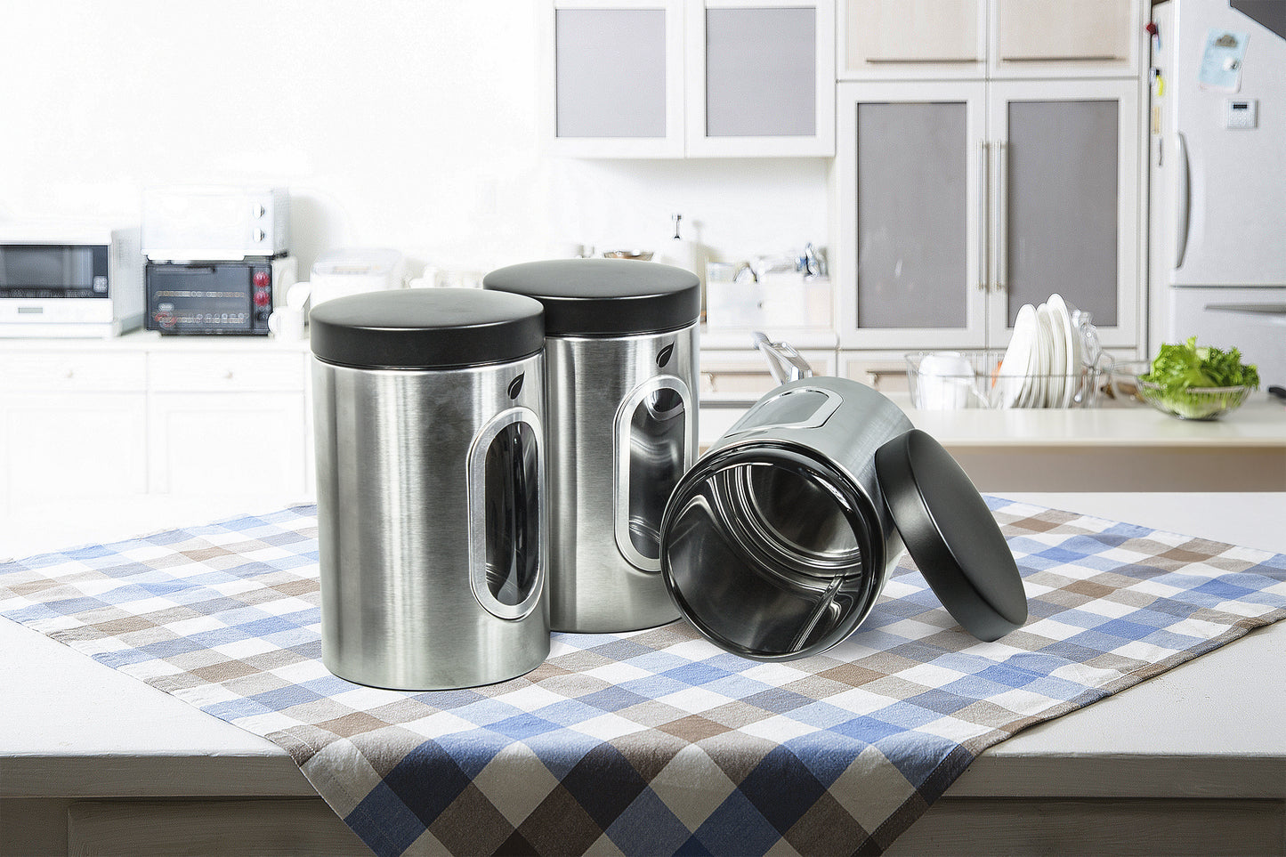 Saf-Care Kitchen Canisters - Modern Kitchen Decoration of Canister Set with Multiple Preservation Purposes by Tight Sealed Lids, Set of 3, Stainless, Model-SC-001-Steel