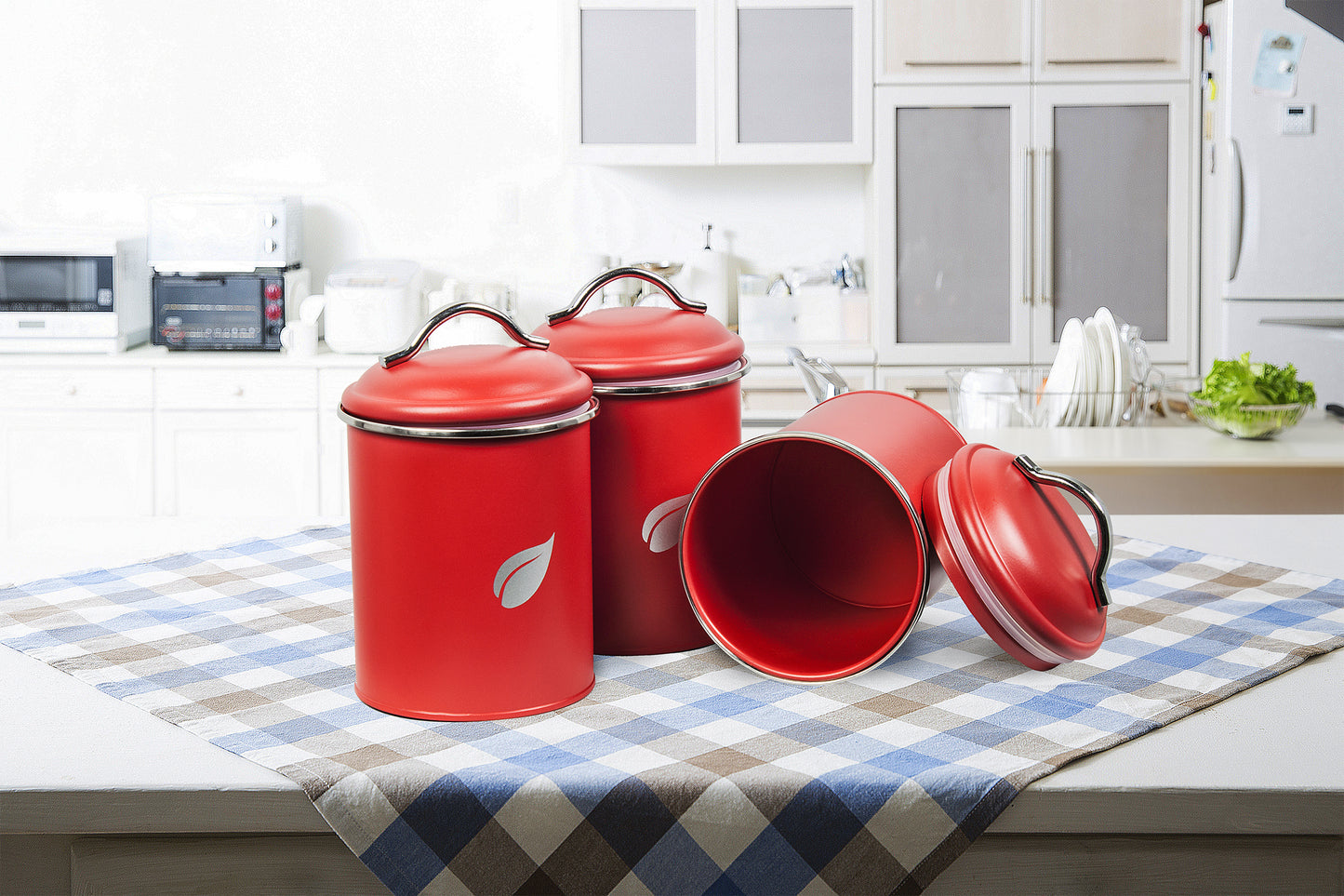 Saf-Care Kitchen Canisters - Modern Kitchen Decoration of Canister Set with Multiple Preservation Purposes by Tight Sealed Lids, Set of 3, Valentine Red, Model-SC-002-Red