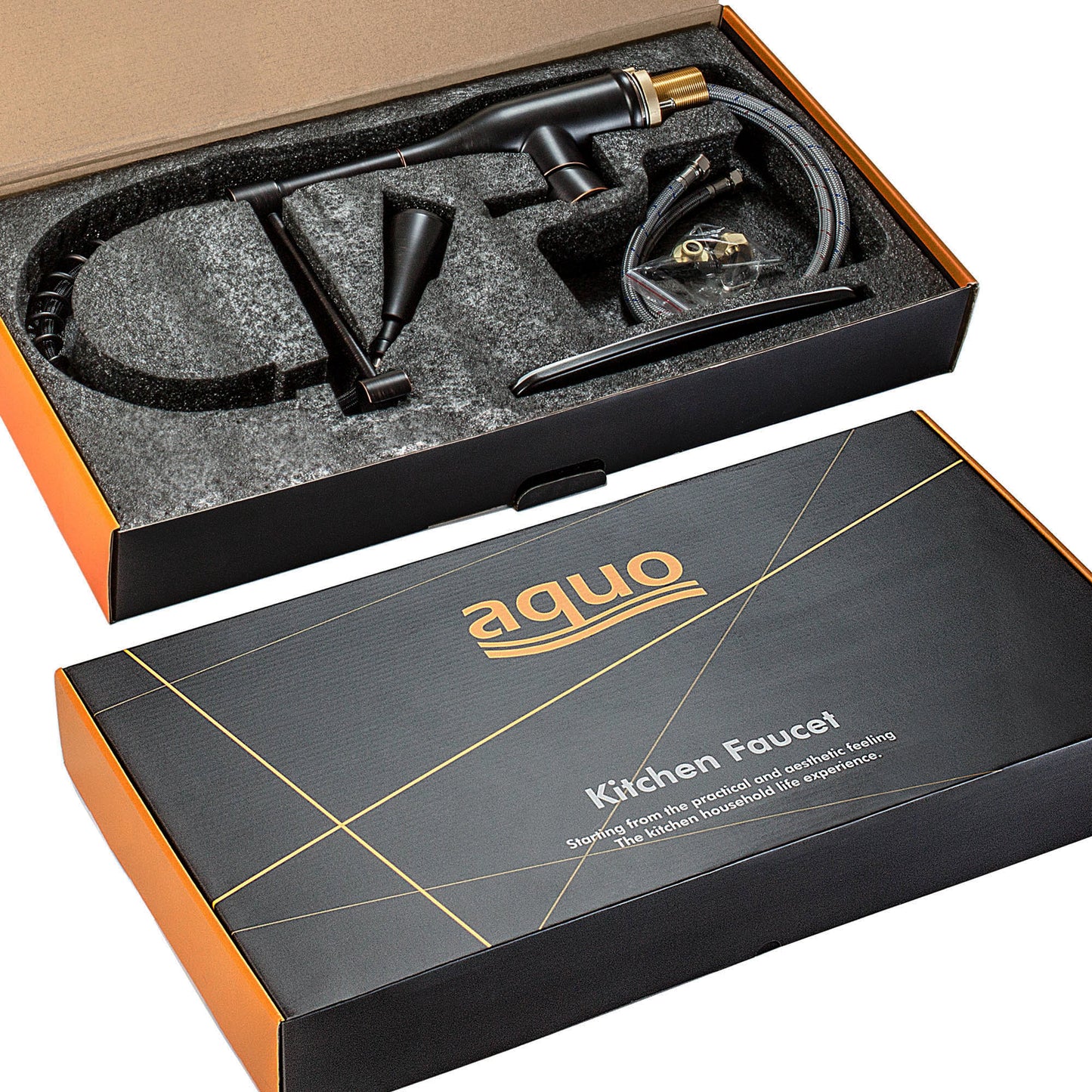 Aquo Kitchen Faucet - This Easy to Install 18" Height Sink Faucet Fits Variety Kitchen Countertops, Nicely Preventing Leaking Issue by Brass Kitchen Sink Faucet Inner Hoses Design, Oil-rubbed Bronze, Model-206007ORB