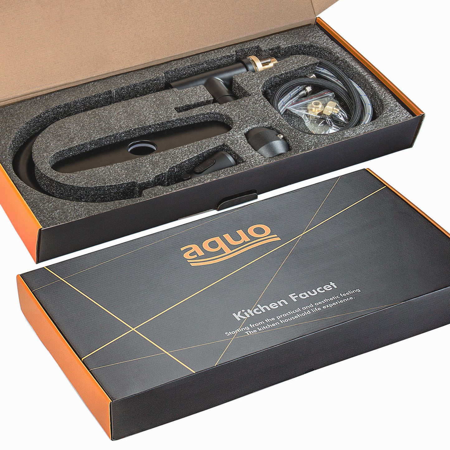 Aquo Kitchen Faucet - This Easy to Install 15" Height Sink Faucet Hole Variety Kitchen Countertops, Nicely Preventing Leaking Issue by Brass Kitchen Sink Faucet Inner Hoses Design, Matte Black, Model-205001-MB