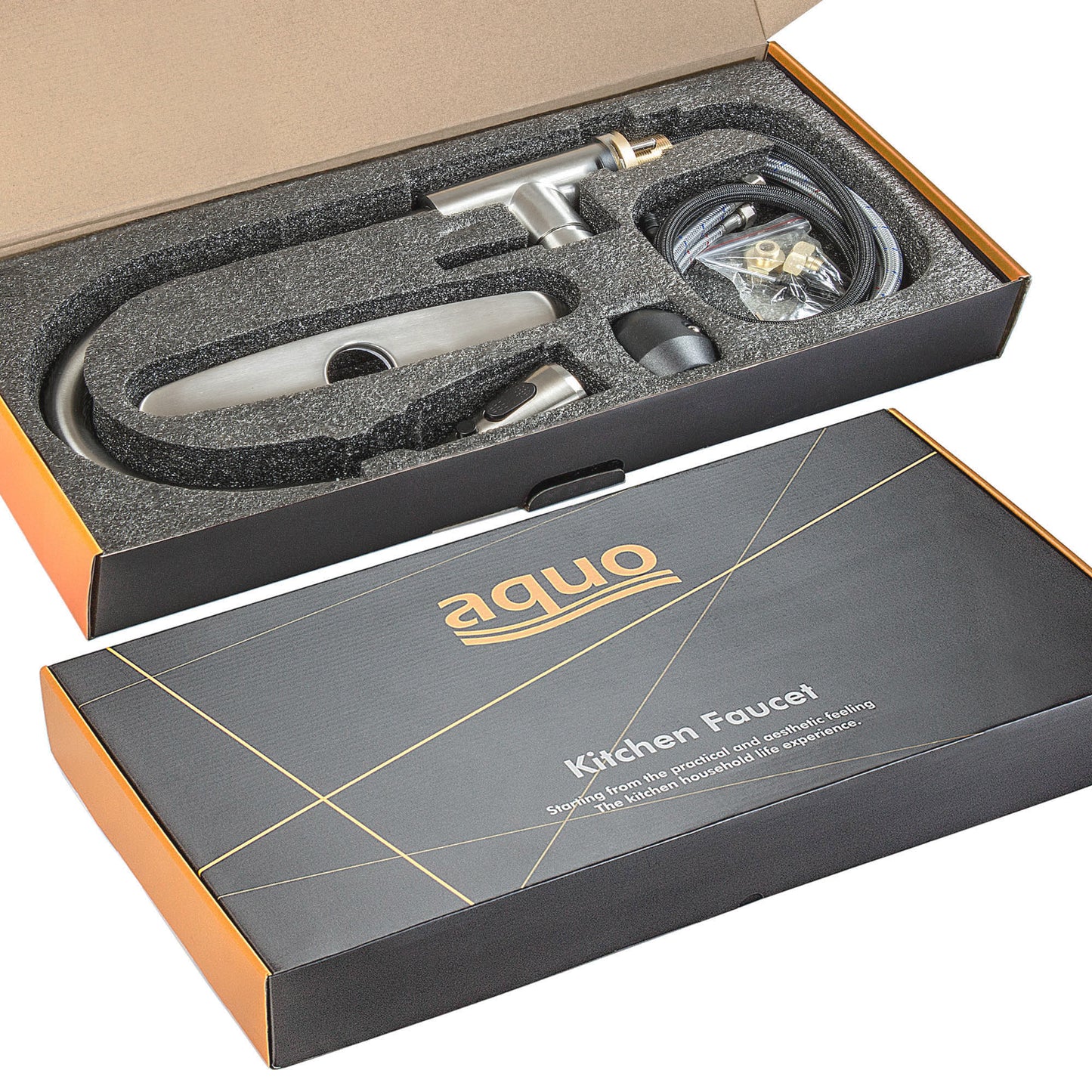 Aquo Kitchen Faucet - This Easy to Install 15" Height Sink Faucet Hole Variety Kitchen Countertops, Nicely Preventing Leaking Issue by Brass Kitchen Sink Faucet Inner Hoses Design, Brushed Nickel, Model-205001-BN
