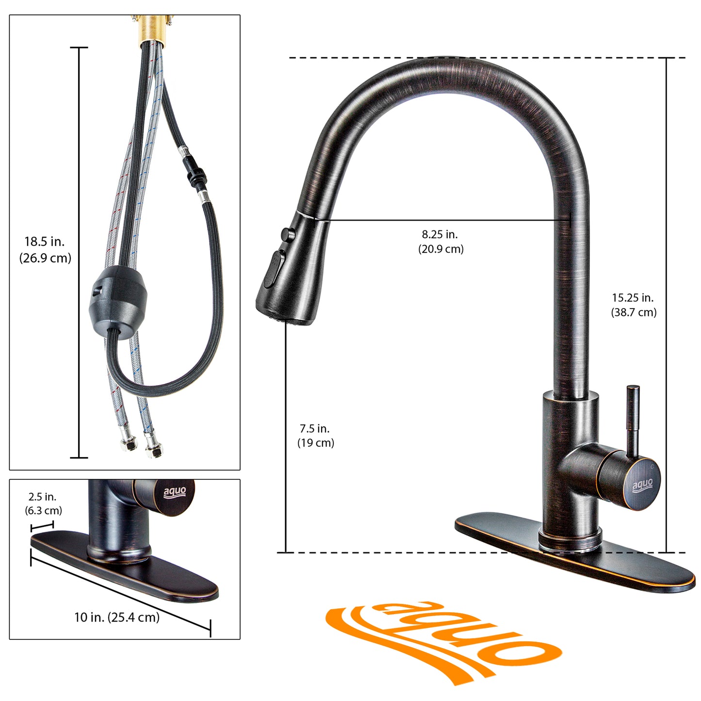 Aquo Kitchen Faucet - This Easy to Install 15" Height Sink Faucet Hole Variety Kitchen Countertops, Nicely Preventing Leaking Issue by Brass Kitchen Sink Faucet Inner Hoses Design, Oil-Rubbed Bronze, Model-205001-ORB