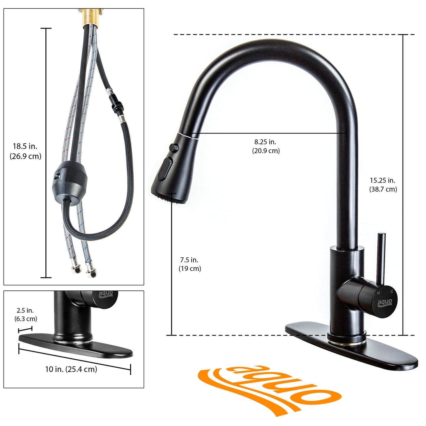 Aquo Kitchen Faucet - This Easy to Install 15" Height Sink Faucet Hole Variety Kitchen Countertops, Nicely Preventing Leaking Issue by Brass Kitchen Sink Faucet Inner Hoses Design, Matte Black, Model-205001-MB