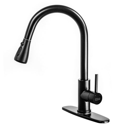 Aquo Kitchen Faucet - This Easy to Install 15" Height Sink Faucet Hole Variety Kitchen Countertops, Nicely Preventing Leaking Issue by Brass Kitchen Sink Faucet Inner Hoses Design, Matte Black, Model-205001-MB