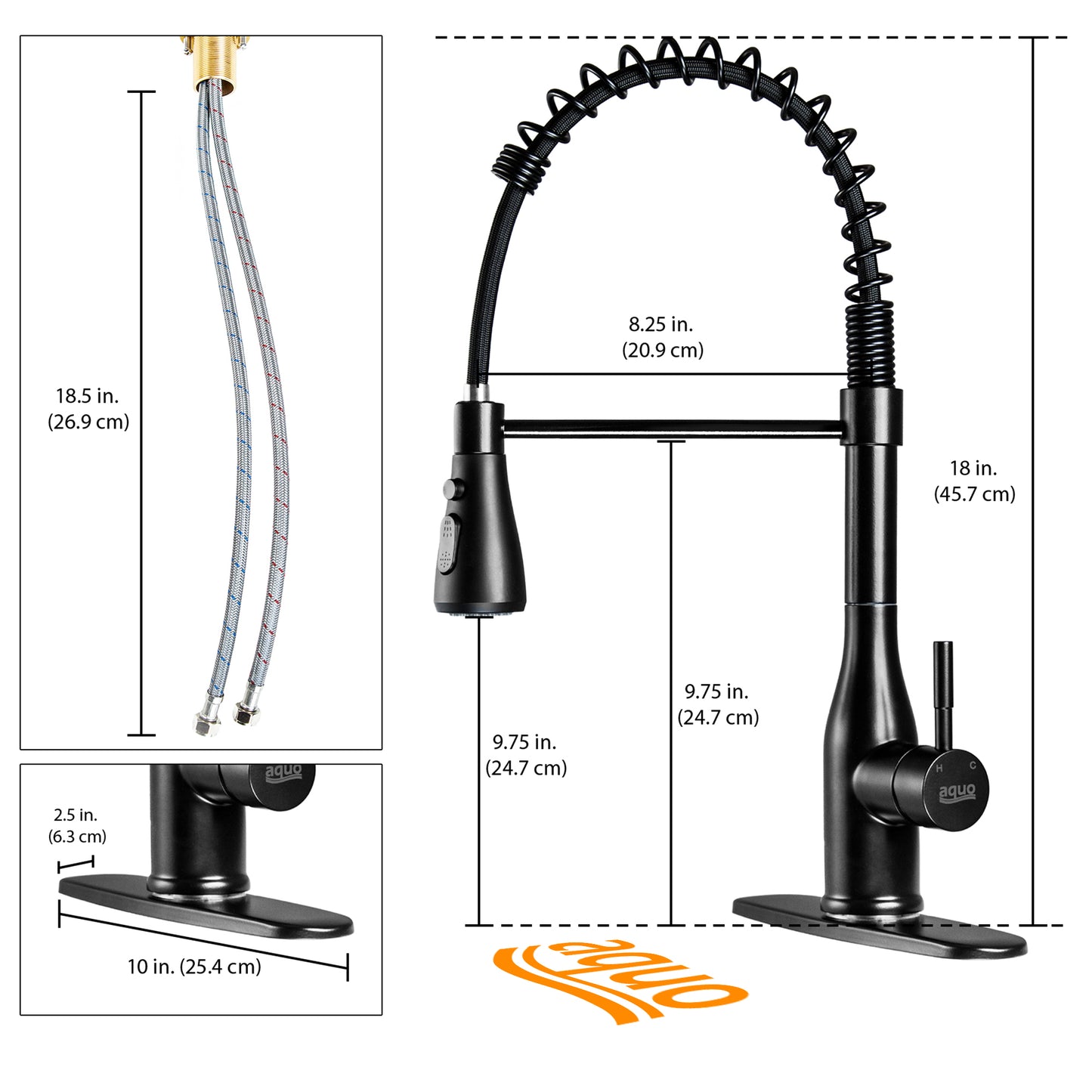 Aquo Kitchen Faucet - This Easy to Install 18" Height Sink Faucet Fits Variety Kitchen Countertops, Nicely Preventing Leaking Issue by Brass Kitchen Sink Faucet Inner Hoses Design, Matte Black, Model-206007MB