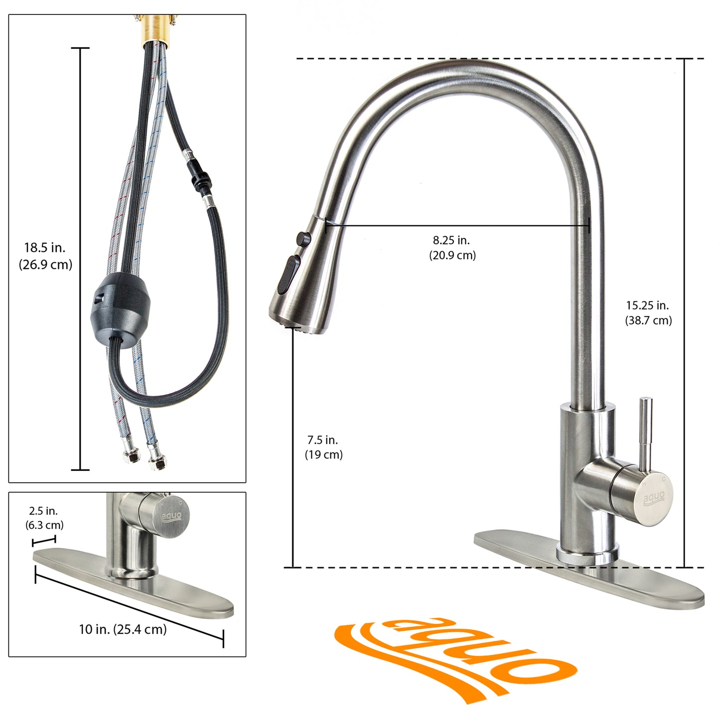 Aquo Kitchen Faucet - This Easy to Install 15" Height Sink Faucet Hole Variety Kitchen Countertops, Nicely Preventing Leaking Issue by Brass Kitchen Sink Faucet Inner Hoses Design, Brushed Nickel, Model-205001-BN